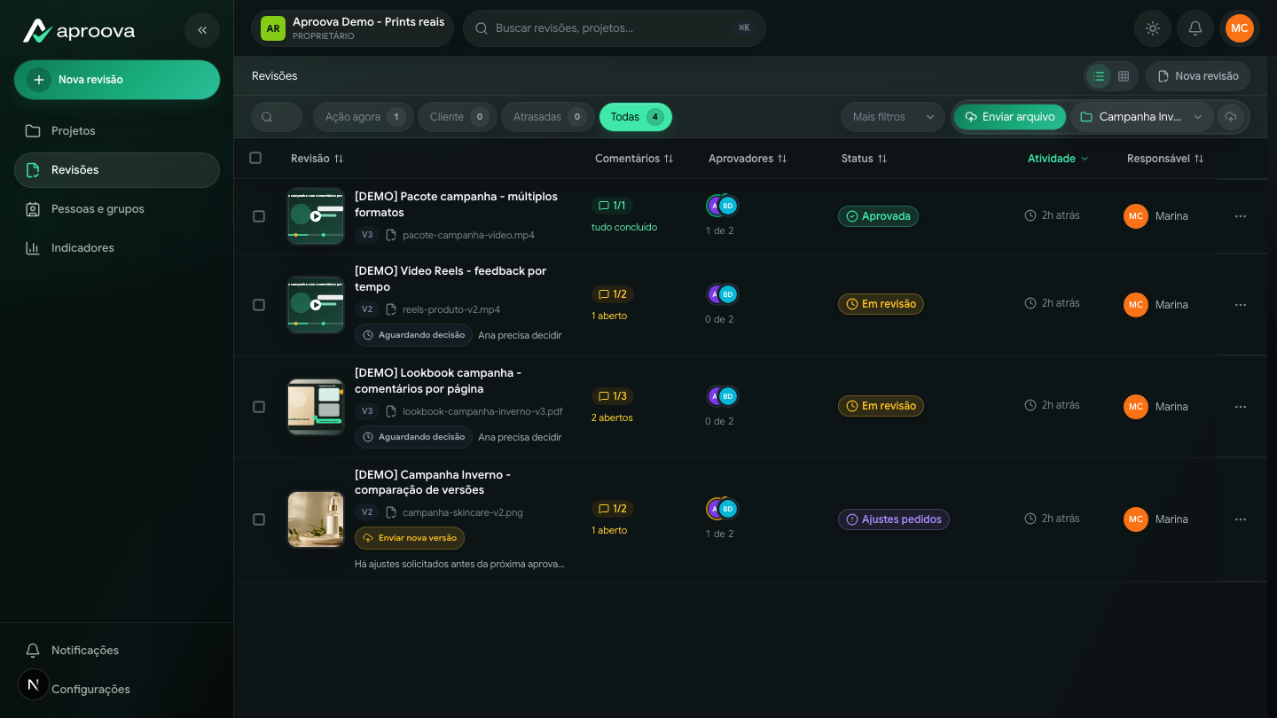 Workspace do Aproova com projetos, lista de revisões, status e aprovadores