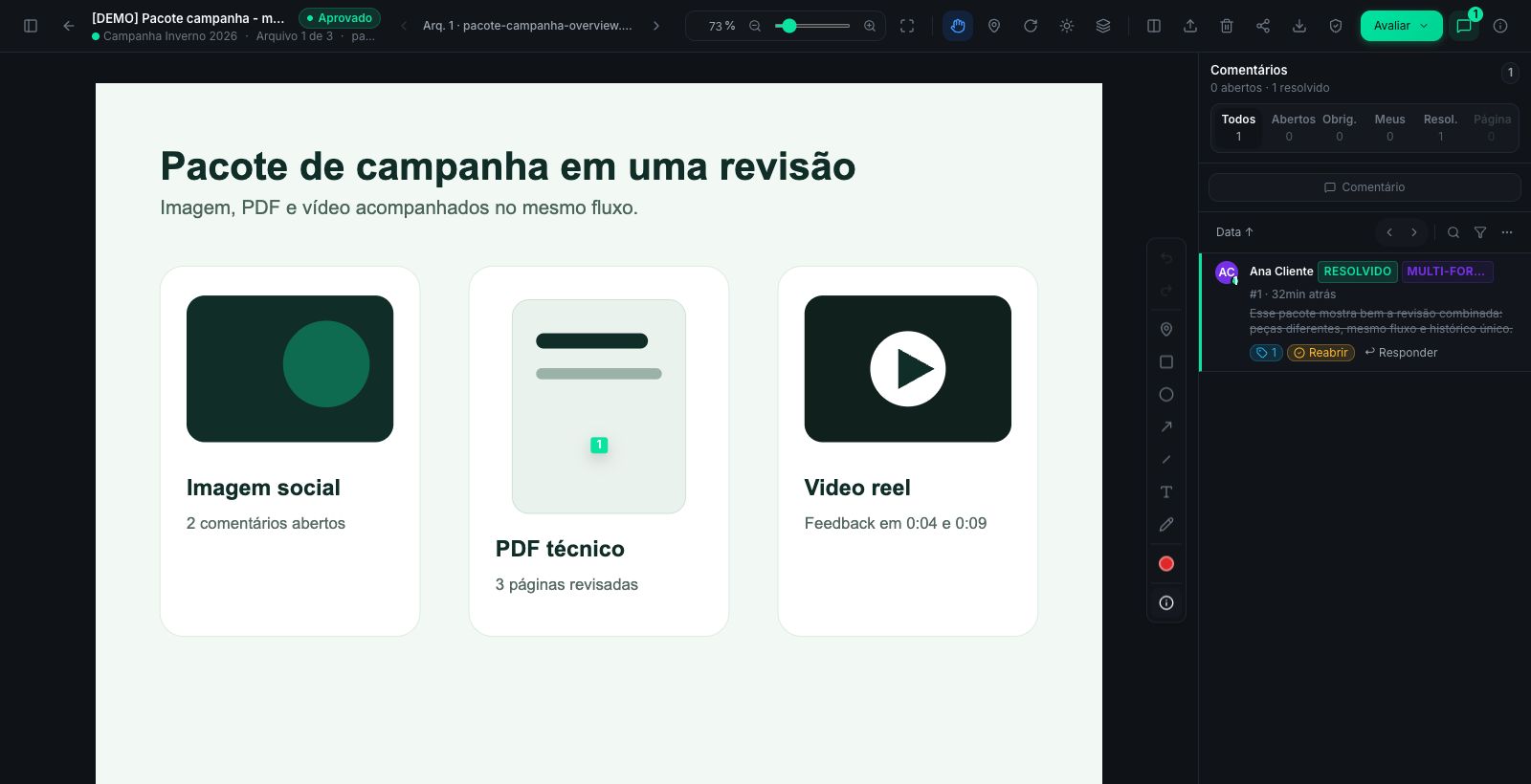 Tela do Aproova com campanha criativa em múltiplos formatos