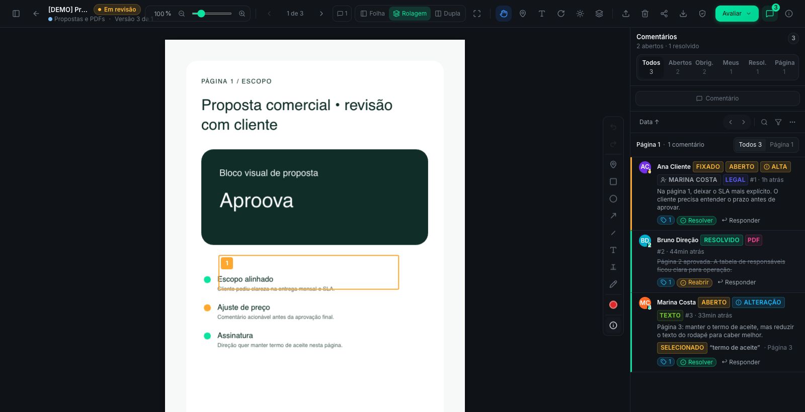 Tela do Aproova com PDF aberto e comentários por página