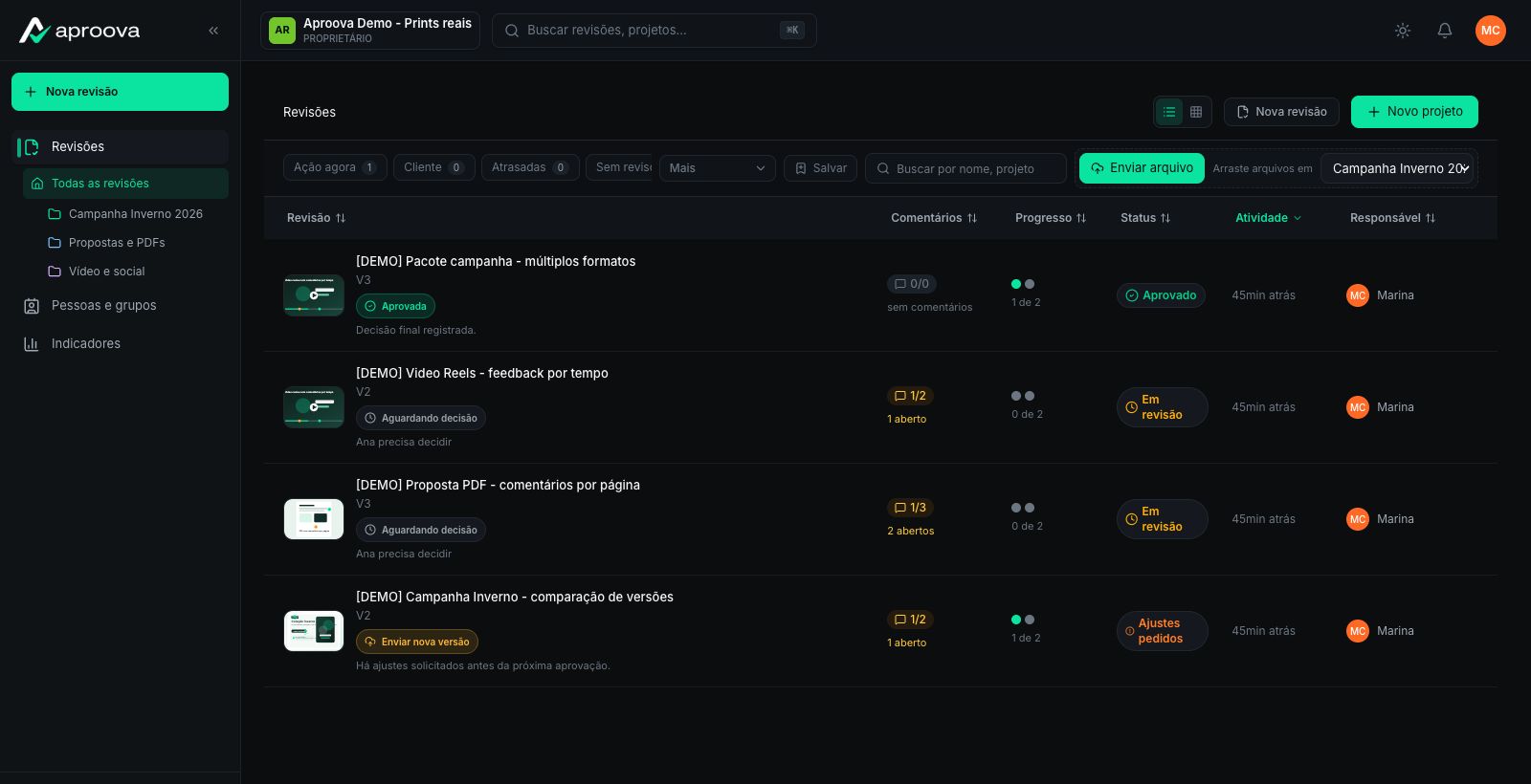 Tela do Aproova com lista de revisões, status, comentários e responsáveis